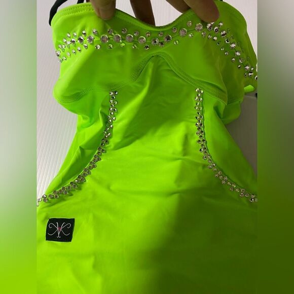 Kandi Kouture dance costume neon green SPOTLIGHT DRESS custom stoned XLC 10/12 - Picture 6 of 12